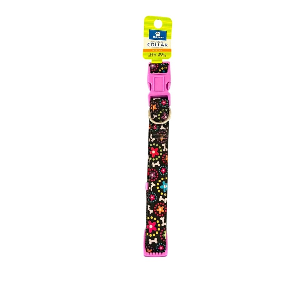 Top Paw Dog Collar Medium Multicolor Floral Bone Print Pink Buckle Adjustable